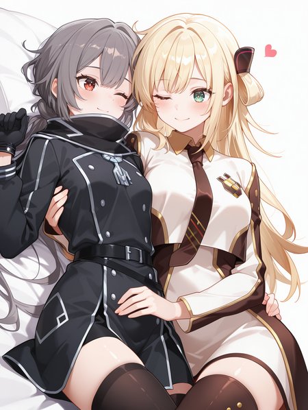 one eye closed,2girls,blush,white background,simple background,lying on person,upper body,yuri,closed mouth,smile,sky striker ace - raye,ordinary uniform,brown hair ornament,white cropped jacket,brown waist cape,white collared dress,brown thighhighs,brown necktie,unfinished,sky striker ace - roze,black scarf,black military uniform,black gloves,
masterpiece,best quality,amazing quality,very aesthetic,absurdres,newest,<lora:Sky striker ace - Raye & Roze illusXL v1.1:0.76>,