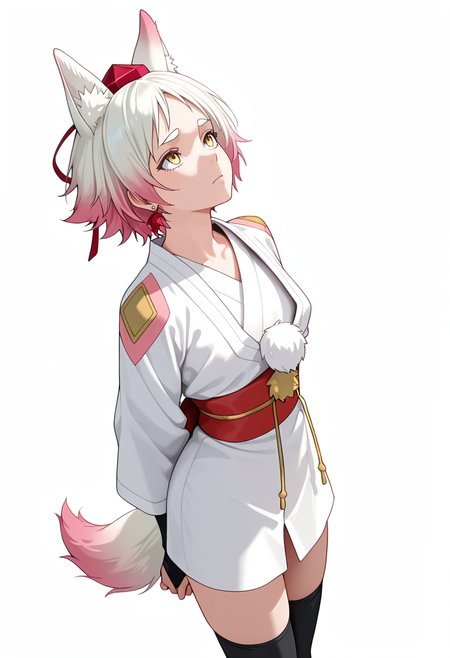 Smooth Quality,masterpiece,very intricate, high quality details, ultra realistic, high detailed skin,detailed enviorement,absurdres,
simple background, white background,
standing, arms behind back, looking up, calm expression, relaxed posture,  ,sideways,furrowed brow,solo,
 <lora:Momiji_cnn:0.8> momijicnn,1girl, wolf ears, yellow eyes, white hair, pink hair, short hair, gradient hair, thick eyebrows,tokin hat, japanese clothes,white kimono,sash, black thighhighs, long sleeves, bridal gauntlets,earrings, pom pom (clothes), tail,