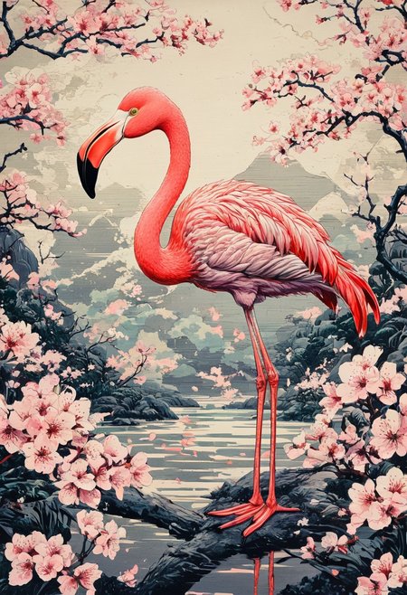 silk screen art, (ukiyo-e:1.1), (painted by Kim Hong-do:1.1), beautiful flamingo, assisted katsuhiro otomo, line art, glitch art, cherry blossoms