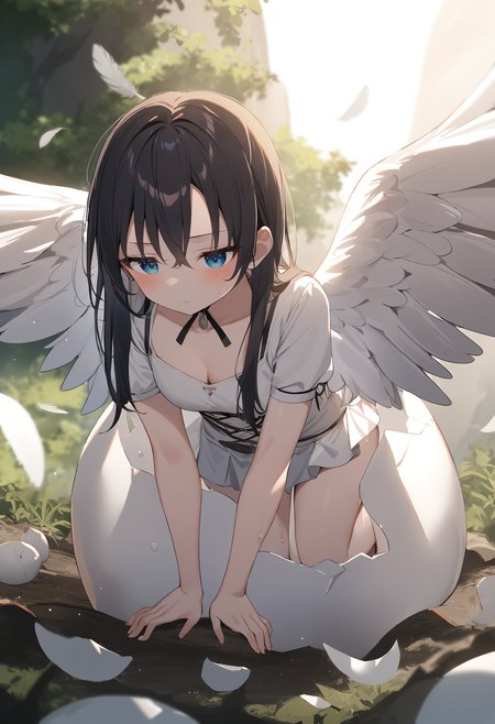 1girl,sincos, ningen mame, toosaka asagi,
hatching, wings, nest, all fours, eggshell, feathers, white dress, angel wings, cleavage, expressionless, hole, white wings, holding egg, arm support, feathered wings, looking away,kneeling, bent over,wet,wet clothes, wet hair, <lora:hatching_XL_v1:0.8>
best quality, very aesthetic, absurdres,