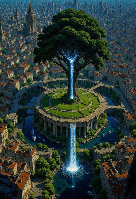 AnimeSky style, anime style, high lighting, Futuristic style city, with an octagon shape and canals that connect in the center of the city, the central focus is a large tree that emanates a blue light, a labyrinth surrounds the tree and connects with bridges between the canals towards the city,
high quality, best quality, masterpiece, high definition, high resolution