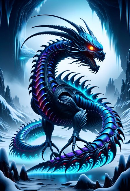 hyper detailed masterpiece, dynamic realistic digital art, awesome quality,DonMX3n0XL,anomalous frozen gravity european wyrm-like Ryu,   icey
, organic  xeno biology , eerie glow <lora:DonMX3n0XL-000008:0.8>