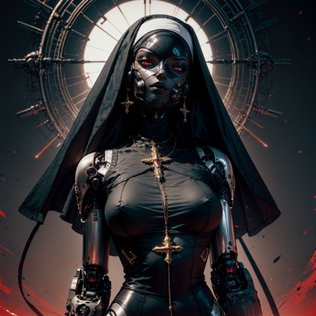 (score_9, score_8_up, score_7_up, zPDXL), (thick lineart, sharp edges, cel shading, linear hatching,  black and white comic-noir aesthetics,  film noir atmosphere, high contrast, duotone )
dutch angle,  (dark-skinned female) nun,   character design, sci-fi warrior women, feminine power, perfect anatomy, An enigmatic figure of a satanic, her dark habit_catsuit covers all her skin, conducting a sensual satanic ritual inside a dark cathedral during night under a red eclipse. Her eyeless mask, elaborate crown, fully conceals her identity, adding to her mystique and allure. gold stiletto platform thigh boots,  naughty, looking at viewer, seducing with her body, dancing towards viewer with her arms posing, sexy ass seductive in the style of a vintage, high-contrast setting. Emphasize theatrical elements with extreme opposition of bright colors against dark, moody backgrounds, under a dark red sky, thighs, highly detailed,  female focus, robot, cyborg , android, mechanical arms, cyborg, robot joints, mechanical parts, tube, spine, cybernetic neck, bionic torso, bionic skin