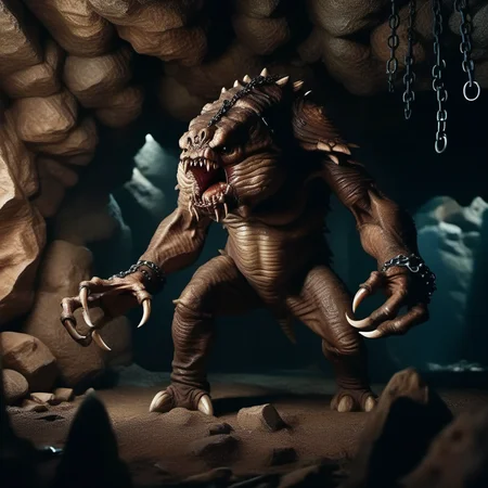 cinematic photo a full body portrait monster, claws, sharp teeth, cave, chains  <lora:Rancor1024:0.8> . 35mm photograph, film, bokeh, professional, 4k, highly detailed