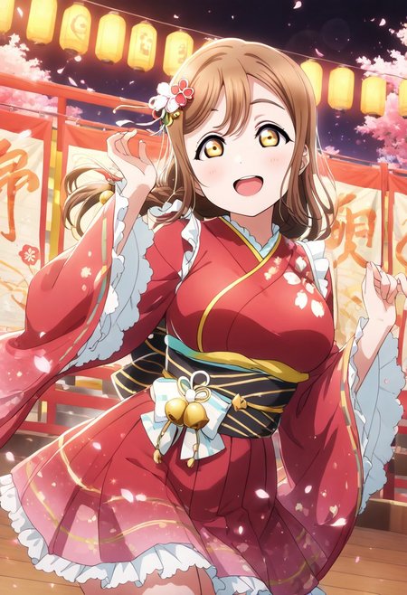 masterpiece, best quality, solo, 1girl, aged up, happy, large breasts, 
 hanamaru_kunikida, kunikida_hanamaru, long hair, bangs, brown hair, yellow eyes, classical Japanese-themed idol costume, deep red kimono-style dress with gold patterns, braided obi, hair pin with bell, wooden stage surrounded by paper lanterns, cherry blossoms drifting in the breeze, graceful and composed posture, refined and heartfelt performance