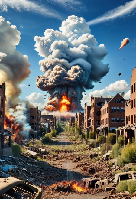 atomic bomb explosion, bustling suburb (seamless blending of photography and digitial illustration: 1.39) (coherency: 1.59) (Highest quality: 1.39) (colorful: 0.79) (photograph components: 1.19) (mixed media: 1.19) (blue skies)