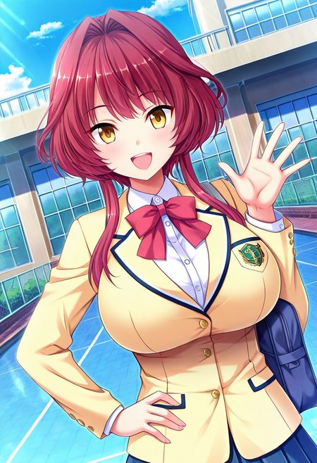 general,highres, ultra-detailed,very aesthetic,best quality ,best hands,best eyes,easynegative,
dynamic anglre, dutch angle, anime cloring,anime screencap,
1girl solo,looking at viewer,school, outdoors, smile,open mouth, smile,waving hand, hand on hip, 
Natsuki Himenogi,red hair, yellow eyes, huge_breasts,school uniform,