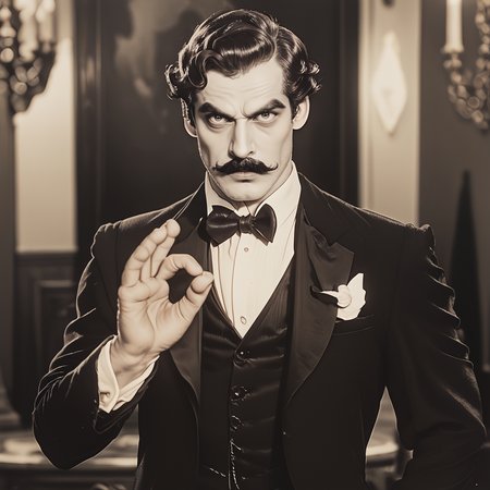 core_9, score_8_up, score_7_up, score_6_up, <lora:20s_Silent_MoviePo:1> ArsMovieStill, 20s Silent Movie Still, Black and White, The image is a black and white photograph of a man in a formal attire. He is wearing a tuxedo with a black bow tie and a white pocket square on his lapel. He has a mustache and is looking directly at the camera with a serious expression on his face. His left hand is raised in a gesture as if he is gesturing with his right hand. The background is blurred but it appears to be a room with a chandelier and other decorative items. The overall mood of the image is serious and sophisticated., 1boy, male focus, mustache, solo, bow, bowtie, monochrome, facial hair, looking at viewer, upper body