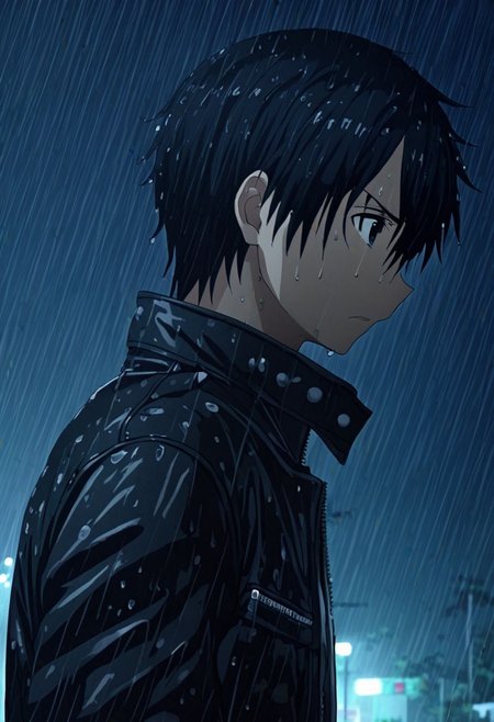 high resolution, solo, best quality, 1Boy, Kazuto Kirigaya, Black Hair, Black Eyes, heavy rain, night, looking down, sad, leather jacket, looking away, wet, wet hair, OverallDetail