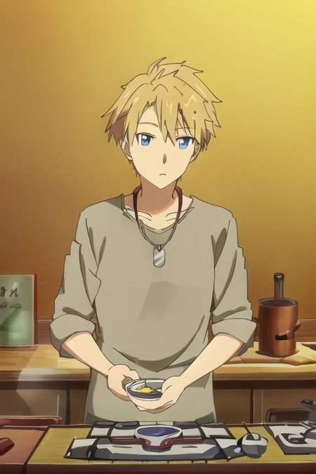 high resolution, professional photography, solo, best quality, 1Boy, Yamato Ishida, Blond Hair, Deep Blue Eyes, Necklace, cooking, kitchen, OverallDetail