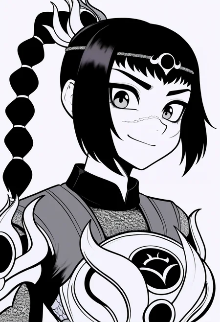 best quality, amazing quality, very aesthetic, absurdres,
greyscale, monochrome,
BREAK
1girl, solo, shadowheart, black hair, braided ponytail, scar on face, circlet, armor, large breasts,
smile, looking at viewer, upper body, simple background, white background, <lora:ShadowHeartIllustrious_byKonan:1>,   <lora:PokemonAdventuresNoobLocon_byKonan:1>