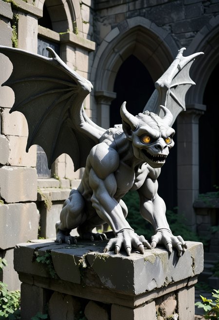 (medium full shot) of (ancient slate grey rough stone gargoyle) with quadrupedal body, majestic wings, heterochromia eyes, curved horns, clubbed tail claws, set in  abandoned castle ruins, with crumbling towers, overgrown courtyard, ghostly light, hidden secrets, ,Masterpiece,best quality, raw photo, realistic, very aesthetic