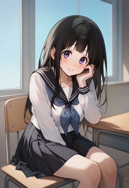 score_9,score_8_up,score_7_up,<lora:chitanda_eru_pony:1>,pleated_skirt, cowboy_shot, serafuku, window, hand_on_own_face, highres, chitanda_eru, black_skirt, school_desk, kamiyama_high_school_uniform_\(hyouka\), sitting, smile, 1girl, solo, black_sailor_collar