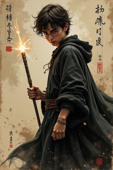 illustration, cartoon, anime, manga, drawing, Sdmai, wuxia,1 boy, short hair, movie character, Harry Potter, holding a luminous wand, wearing wizard costume, (Chinese ink painting), artistic ink painting, movie grandeur, (splash details),Highest quality, masterpiece, HD quality, rich detail