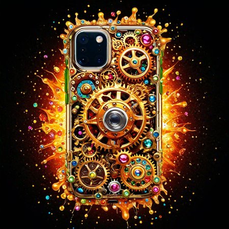 sfw,  dynamic splashes, bright colors, high contrast,  A phone made of roast gears with colourful bejeweled, hyperdetailed, photorealistic, product photo style <lora:challenge\gearstyle-000001.safetensors:0.8500000000000002:0.8500000000000002>