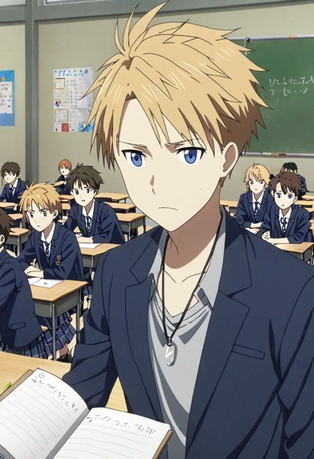high resolution, professional photography, best quality, 1Boy, Yamato Ishida, blond hair, deep blue eyes, necklace, classroom, school, school uniform, OverallDetail