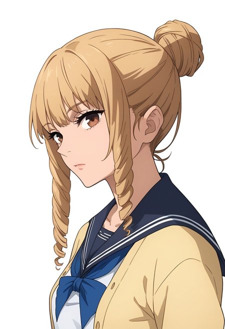 score_9_up, score_8_up, score_7_up, score_6_up, score_5_up, score_4, source_anime, 1girl, blonde hair, single hair bun, bangs, drill hair, brown eyes, yellow cardigan, sailor collar, solo, cinematic lighting, dynamic angle, unique angle, skin tight, looking at viewer, white background, expressionless, face view, closet up, face, side view,