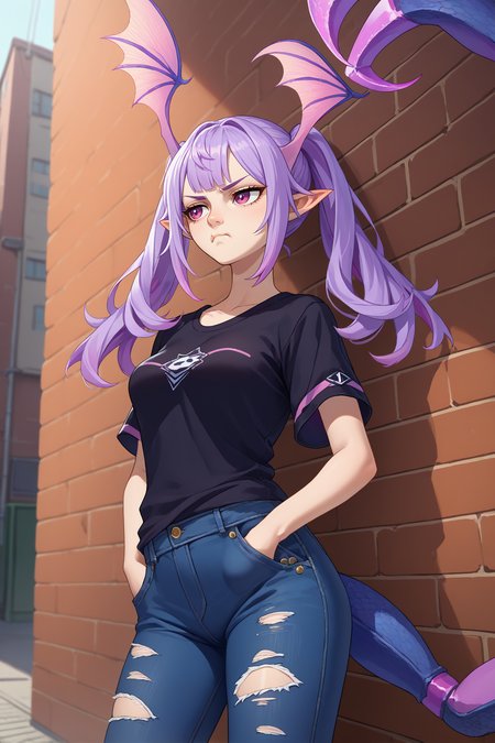 score_9, score_8_up, score_7_up, score_6_up, source_anime, 1girl, solo,  <lora:manticore-pdxl-nvwls-v1-000004:1> defMC, lavender hair, twintails, long hair, purple eyes, pointy ears, head wings, black t-shirt, jeans, torn pants, hand in pocket, medium breasts, pout, alleyway, tail