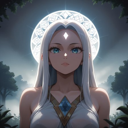((heavenly), holy, divine), fog, natural lighting, tree, 1girl, xeldorite, diamond forehead marking