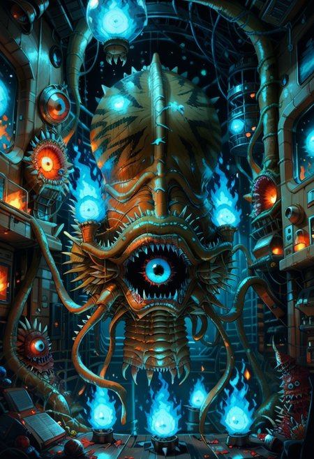 score_9, score_8_up, score_7_up,monster, solo, fire, teeth, solo, blue fire, full body, open mouth, horror (theme), sharp teeth, phantoon, monster, tentacles, spikes, one eye, cartoon,inside space ship, side spikes, bubble,transparent monster, lucid monster,