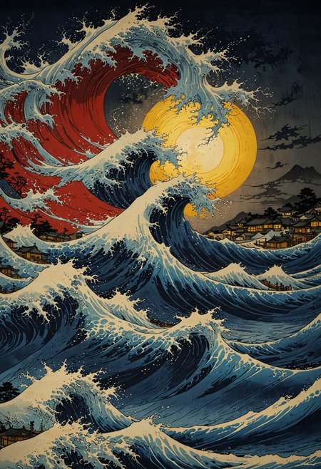 Katsushika Hokusai's Japanese depiction of a very turbulent sea with massive waves. The background s shows a beautiful dark night over a illuminated village. The colors are red and yellow  <lora:EpicF4nta5yXL:0.8>