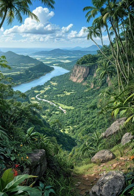 a vibrant colorful photo of a tropic landscape, big river, river, Brazilian landscape, tropic
 outdoors, tropic landscape, hot, wet, jungle, Location , Scenery , Cloud