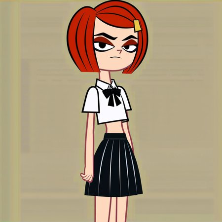score_9, score_8_up, score_7_up, score_6_up, score_5_up, score_4_up, 1girl, red hair, bob cut, eyeliner, eyeshadow, hairclip, flat chest, narrow waist, wide hips, school uniform, midriff, miniskirt, looking at viewer, highres, high quality, masterpiece, <lora:Laney_Penn:1> <lora:flat_color_anime_xl:1>