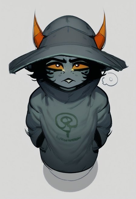score_9, score_8_up, score_7_up, score_6_up, score_5_up, score_4_up, best quality, solo, 1girl, white background, hair, shortstack, ((colored skin, grey skin)), orange horns, short hair, black hair, grey trenchcoat, (grey jacket), pointy buck tooth, excessive wide brim hat, grey hat, thinking, pondering, hands on pockets, looking up at viewer, black sclera, black pupils, freckles, short girl, high angle view