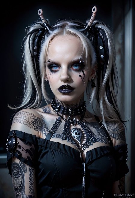 score_9, score_8_up, score_7_up, BREAK
Aesthetic: ((goth, dark, macabre, subculture, fashion, music):1.4) BREAK,
lighting: Chiaroscuro Lighting Style, detailed, clean, urban scenery, ink BREAK
Quality: intricate, highly detailed, sharp focus, realistic, 8k BREAK
Appearance: (22 years old), andorian girl, blue eyes, detailed eyes, big eyes, perfect eyes, twintails, white hair, violet highlights, BREAK
(good quality:0.996), BREAK