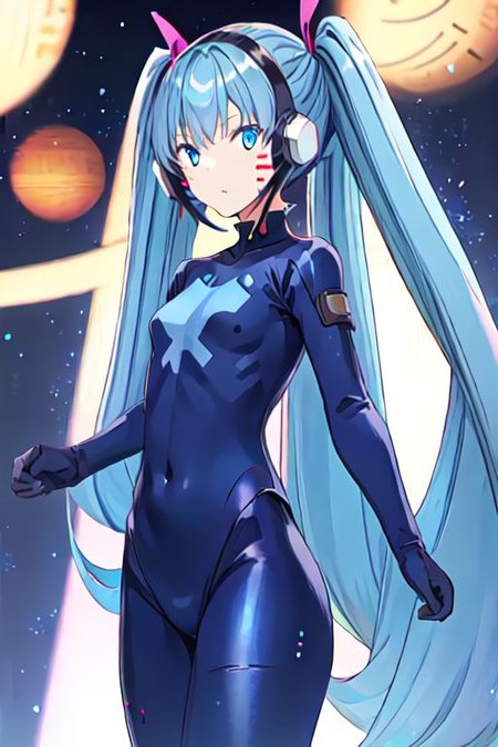 solo, 1girl, solo_focus, 
hermit mio, long hair, blue eyes, twintails, very long hair, blue hair, facial mark,, headphones, gloves, bodysuit, covered navel, pilot suit,