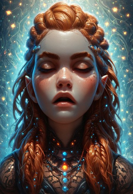 score_9,score_8_up,score_7_up,score_6_up, Digital painting style, visual effects, dramatic light, god rays, interesting background, unique background,  (modeling pose; kneeling; arched back; arms up; hands behind head; closed eyes; open mouth; over head shot; perspective; dramatic angle), score_9, score_8_up, score_8, 1girl, solo,  
	source_game, Aloy from Horizon Zero Dawn,
ral-czmcrnbw
, her skin is faded soft in color, natural  teardrop breast,  a seductive and charming fashion combination of see-through fishnets bodysuit with long sleeves and a luminous Arabic flowing dress, vibrant neon colors, high detail, dynamic composition, whimsical, soft glow, fantasy setting, intricate designs, ultra-quality, magical atmosphere, radiant light, glowing patterns