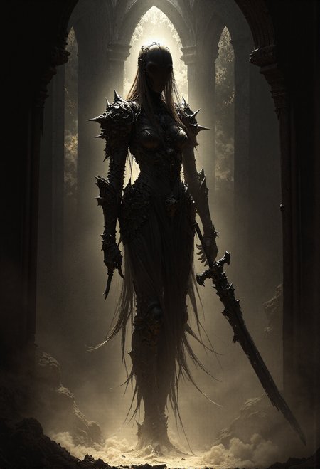art by Ben Templesmith and hr giger, Fantasy painting of a spectral figure with a long, tattered robe, floating through the air. The ghost is illuminated with a faint beige glow, casting an eerie, ethereal light. Its robe is shredded and flowing, giving a ghostly appearance, and it holds a broken longsword, the blade fractured and jagged. The ghostâs face is shadowy and indistinct, enhancing the haunting effect. The background features a dark, gothic cathedral with towering arches and stained glass windows, shrouded in shadows. The scene is rendered in cel shading, with a dark fantasy aesthetic. The overall mood is ominous and mysterious, highlighting the ancient and worn aspects of the ghost and its surroundings. <lora:- Flux1 - vanta_black_V1.0.safetensors:0.75>,  <lora:FredFraiStyle-FLUX-Share.safetensors:1.0>,