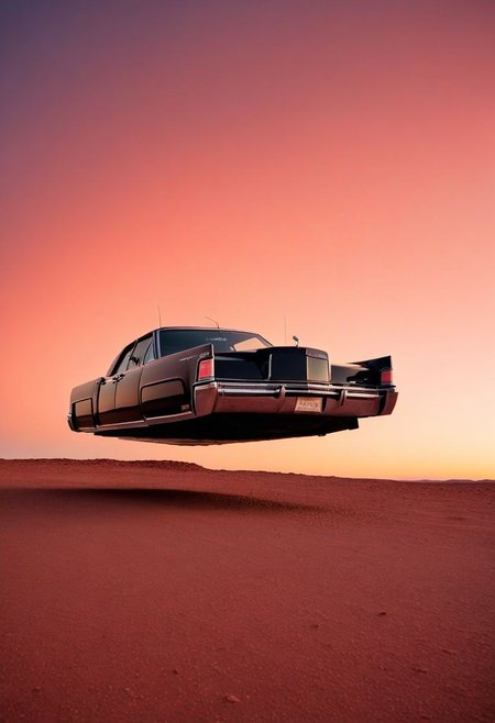 (low angle shot:1.4), an editorial photo of a black Lincoln Continental style Hovering_Car parked outside an American diner on Mars, (scene set on the planet Mars:1.2), red sky, red sands of Mars, highly detailed, retro futurism, science fiction, clean lines, fine art photography, award winning photography, film grain,