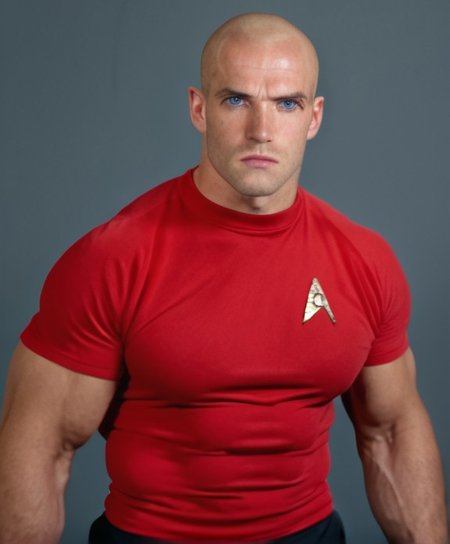 1boy, 20 year old male, Handsome, masculine, blonde, star trek, red shirt, muscle,  tall, tight shirt, wide pectorals, big shoulders, wide shoulders, muscular neck, German, bald, big pale blue eyes, abs, biceps, scowling facial expression, phaser, hand,

stunf, star trek uniform,