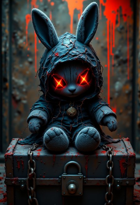 A dark and eerie gothic-style depiction of a stitched-up plush bunny with glowing red X-shaped eyes, wearing a tattered black hood, bound in heavy chains while sitting atop a worn, locked chest, set against a blood-splattered background with fiery lighting, creating an intense and sinister atmosphere, highly detailed, 4K resolution.,aidmaimageupgrader, aidmaMJ6.1, aidmafluxpro1.1 <lora:aidmaImageUprader-FLUX-v0.3:0.4> <lora:aidmaMJ6.1-FLUX-v0.5:0.7> <lora:aidmaFLUXPro1.1-FLUX-v0.3:0.7>