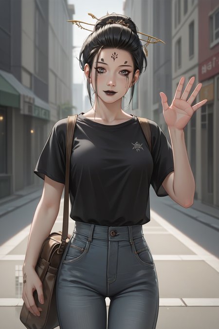score_9, score_8_up, score_7_up, 1girl, prefect lighting, very aesthetic, intricate details, highly detailed background, masterpiece, high quality, prefect hands, best quality, solo, source_anime,
<lora:Spider_Spirit_Fourth_Sister_Black_Myth_Wukong_V1:.85>, KJOfourth, black hair, forehead mark, grey eyes, runny makeup, black lips, hair bun, hair pin,
high waist jeans, t-shirt, brown bag, ponytail,
smile, waving, head tilt, blush, looking at viewer,
city, street, clear sky,
(Beautiful, medium Breasts:1.2), natural breasts,