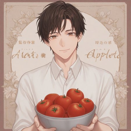 Aaotom, solo, looking at viewer, smile, brown hair, shirt, black hair, 1boy, holding, brown eyes, white shirt, upper body, flower, male focus, food, collared shirt, fruit, cover, holding food, cover page, bowl, apple, tomato, detailed cover