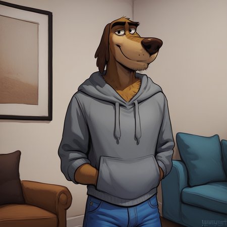 score_9_up, score_8_up, score_7_up, high quality, detailed, source_furry, male, solo male, Dukey, 1boy, broad shoulders, mature male, black eyes, athletic build, animal ears, canine, stubble, anthro, anthro male, tan body, bottom heavy, floppy ears, long snout, light tan underbelly, grinning, looking at viewer, hands in front pocket, gray hoodie, blue jeans, bust shot, half-body shot, living room, high quality