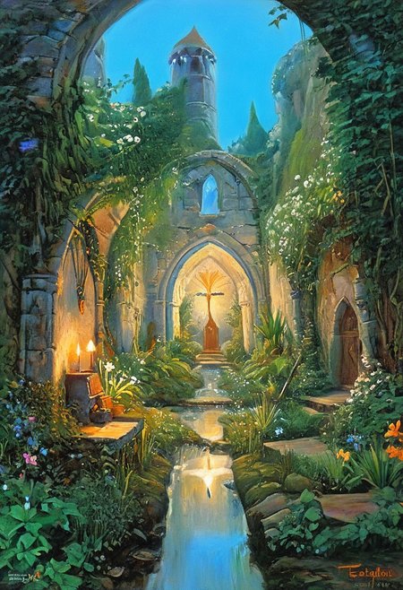 Concept: A sorcerer tends a magical garden where plants evolve rapidly. The garden symbolizes natural selection, with different plant species representing the various stages of evolution.
Fantasy Trope: A mystical garden guarded by a powerful sorcerer, reflecting the biological process of evolution.
lush, overgrown, flowers, trees, roots, insects, dragonfly, butterfly, fairy, fairies, fantasy garden, d&d, fantasy, book cover, oil painting, 70s, 80s, conan the barbarian, secret garden, castle, ruins, ancient, mystic, frazetta, easley, magician, wizard, sorcerer, knight, sword, rust