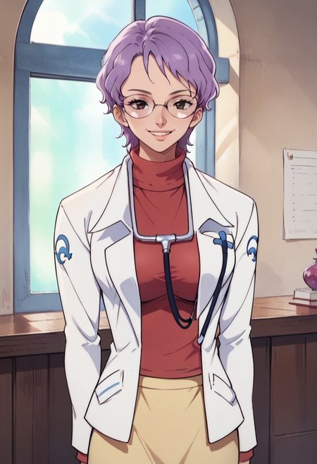 KobatoOP, 1girl, solo, purple hair, short hair, black eyes, lips, round glasses, large breast, white doctor coat, red jumper, light yellow skirt, grey shoes, knee-length skirt, lab coat, turtleneck, stethoscope,
seductive pose, sexy pose, tease,  in the spotlight,indoors,
smile,
score_9, score_8_up, score_7_up, beautiful aesthetic, very intricate, high quality details,vibrant, highly detailed, award-winning, professional,anime artwork, anime style, studio anime, athletic, curvy body, athletic girl, perky tits,large breast,perfect tits, round breasts, nipple outline,looking at viewer, pinup pose,teasing, dynamic lighting, cinematic, smug, better than you, aura of temptation, highly detailed, high resolution, masterpiece, detailed clother, detailed background, highly detailed, ((sound effects)) comic layout,