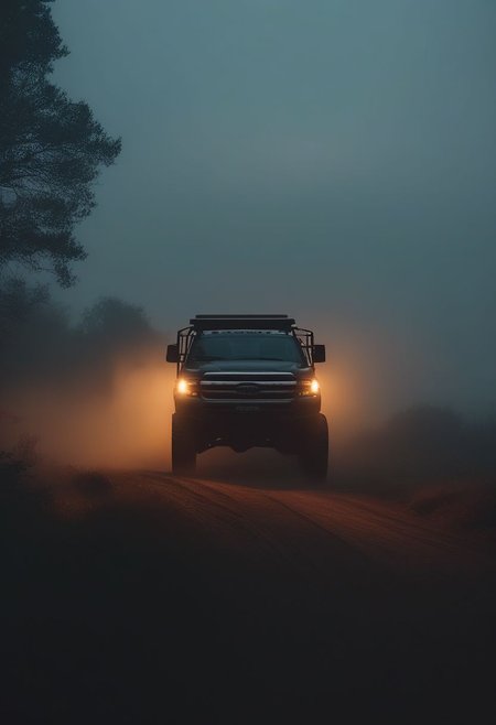 OverallDetail high-speed off-road truck photography, during twilight, dramatic, moddy, misty environment, low contrast muted color tones, shot on 500 mm anamorphic lens, with an extreme shallow depth of field, creating a dreamy lens flare, atmospheric fog, cinematic masterpiece, neo noir aesthetic, movie still, bloom, 4k uhd, intricate details