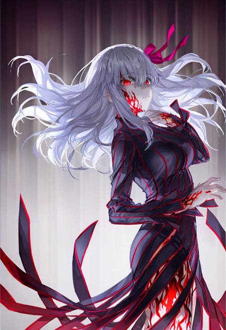 matou sakura, 1girl, red eyes, long hair, dress, ribbon, solo, white hair, hair ribbon, body markings, corruption, dark persona, breasts, black dress, long sleeves, bangs, from side, looking at viewer, striped, floating hair, large breasts, closed mouth <lora:quasarcakeXL_NBVP1_lokr_V6311P:0.95>