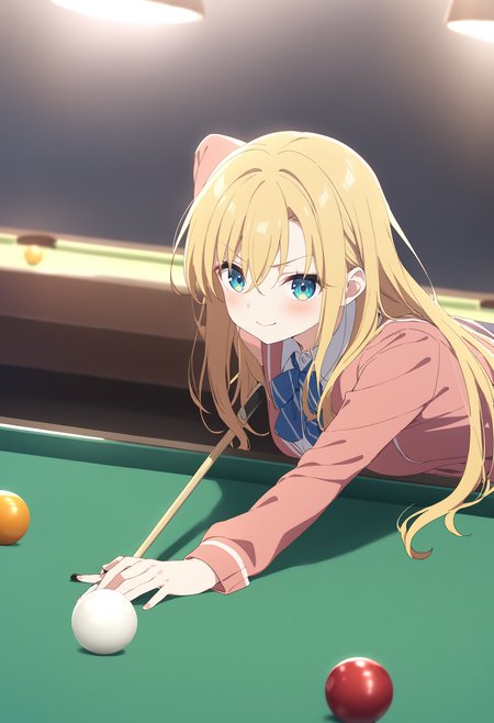 1girl,sincos, ningen mame, toosaka asagi,solo,medium breasts,school uniform,
billiards,cue stick, billiard ball, pool table, indoors,<lora:billiards_XL_v1:0.8>
from side, upper body, looking at viewer, blonde hair, aqua eyes,seductive smile,closed mouth, single hair,,
best quality, very aesthetic, absurdres