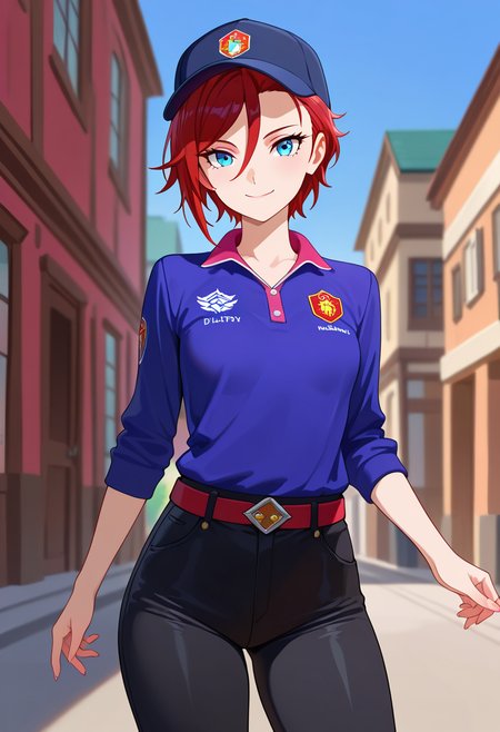 masterpiece, best quality, amazing quality, very aesthetic, absurdres, newest, illustration, perfect composition, intricate details, highres, uncensored, general, 1girl, solo, (cowboy shot:1.2), prax conrad, mature female, blue eyes, red hair, short hair, asymmetrical bangs, hair between eyes, small breasts, (delivery worker), baseball cap, blue polo shirt, belt, black pant, looking at viewer, smile, outdoors, shiny body, shiny skin, skindentation, clear skin, shiny hair, ultra detailed eyes, depth of field, sharp, intricate details, hyperdetailed, ultra-detailed, detailed clothing folds, high contrast, dynamic light <lora:Prax Conrad_Back Arrow_ill:0.8>