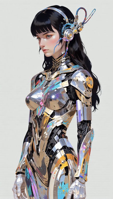 pscho_4rt,mythp0rt, A digital illustration shoot from profile about a futuristic female robot with intricate circuitry and floral patterns. the image also shows a solo female robot, who appears to be in her mid-twenties, with long black hair and a sleek, metallic body adorned with colorful, complex wires and mechanical components. on the middle of the image, a 1woman, who appear to be a young adult, with a slim body and a serious expression, is facing away from the viewer, with her upper body visible. she is wearing a futuristic, metallic bodysuit with a floral pattern, and her hair is styled in a straight, straight look with blunt bangs. her eyes are not specified, but her facial expression is not specified. her body is slim, and she has a mechanical collar. the background is a plain, light gray color.  1girl, solo, long hair, looking at viewer, simple background, black hair, closed mouth, jewelry, medium breasts, standing, collarbone, upper body, braid, grey background, robot, science fiction, cable, mechanical parts, cyborg, interface headset  camera_angle: profile, art_style: digital illustration, location: NA, background: plain light gray background, text: NA;NA, image_composition: middle;middle, clothing: metallic armor with intricate, colorful circuitry and mechanical elements, hair_color: black hair;red, distance_to_camera: upper body;upper body