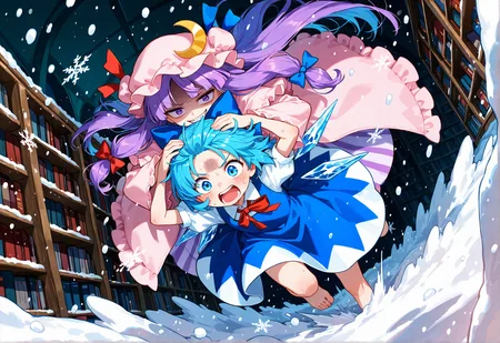 k3monogo, general, 2girls, patchouli knowledge, glare, shaded forehead, grinding teeth, chasing another, BREAK cirno, evil laughter, wide-eyed, hands on head, library,  too much snow, covered in snow, indoor ((blizzard)), snowflakes, dynamic angle, [sketch::0.4],
masterpiece, best quality, good quality,  <lora:kemonogo-nai-v01:0.75>  <lora:spo_sdxl_10ep_4k-data_lora_webui:1>