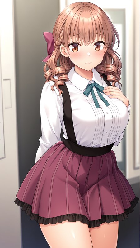amazing quality,absurdres,best quality,masterpiece,highres,newest,detailed,detailed body,detailed face,masterpiece,best quality,solo,
äºéå èä¹,1girl,solo,breasts,skirt,brown hair,drill hair,shirt,long hair,long sleeves,white shirt,ribbon,hair bow,brown eyes,<lora:äºéå èä¹:0.8>,