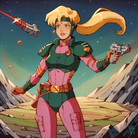 score_9, score_8_up, score_7_up, score_6_up, score_5_up, score_4_up,  <lora:NaraBurns_XL:1> naraburns, blonde hair, green eyes, lips, ponytail, headband, smile, standing, full body, space, night, cartoon, flat colors, retro artstyle,1980s (style), armor, bodysuit, gun, shooting laser,