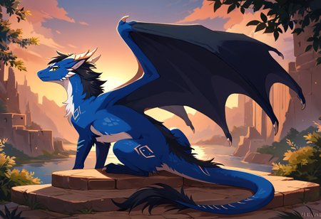 score_9, score_8_up, score_8, dragon,furred dragon,blue fur,black mane,feral dragon,solo,female,
ruin city,sunset,yellow eyes,sitting,wings,back view