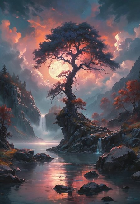 Under the eerie glow of a full moon,a dark and ominous landscape unfolds. A vibrant,colorful tree stands by the edge of a serene lake,its vivid hues contrasting starkly with the foreboding atmosphere. In the background,a waterfall cascades down jagged rocks,the water glistening in the moonlight. Thick,swirling clouds loom overhead,adding to the sense of an evil presence. The moonlight filters through the clouds,casting an otherworldly glow over the scene. The air is thick with mysticism,as if the very night holds ancient secrets and dark magic.  [romantic impressionism,dream scenery art,beautiful oil matte painting,romantic,style of thomas kinkade,beautiful digital painting,anime landscape,romantic painting,dreamlike digital painting,colorful painting,beautiful gorgeous digital art,style of greg rutkowski,janek sedlar,jenny saville:0]  <lora:vivid_everclear:0.35>  <lora:Sinozick:0.35>  <lora:MJ52:0.35>